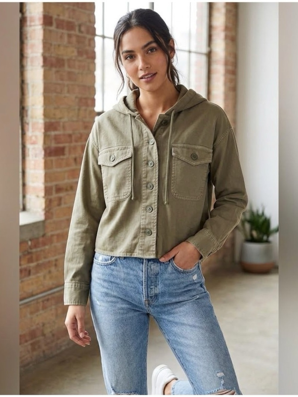 American Eagle Cropped Button-up, Hooded Military Green Jacket Shacket Small NWT